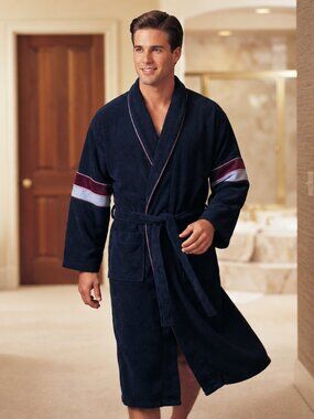 Oakton Men's One Size Bathrobe Blue Velour Striped Retro Lounge Luxury Rare